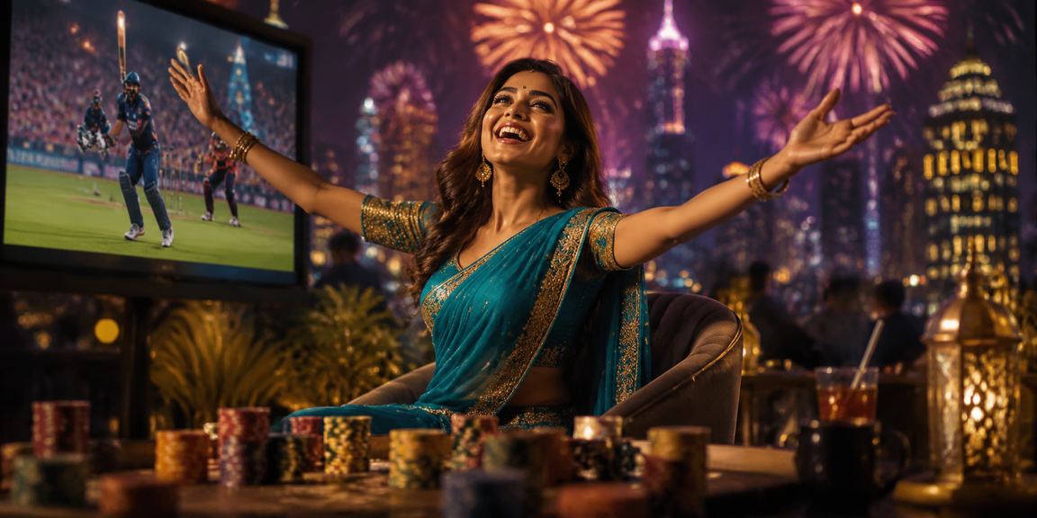 Indian woman enjoying cricket betting on mobile